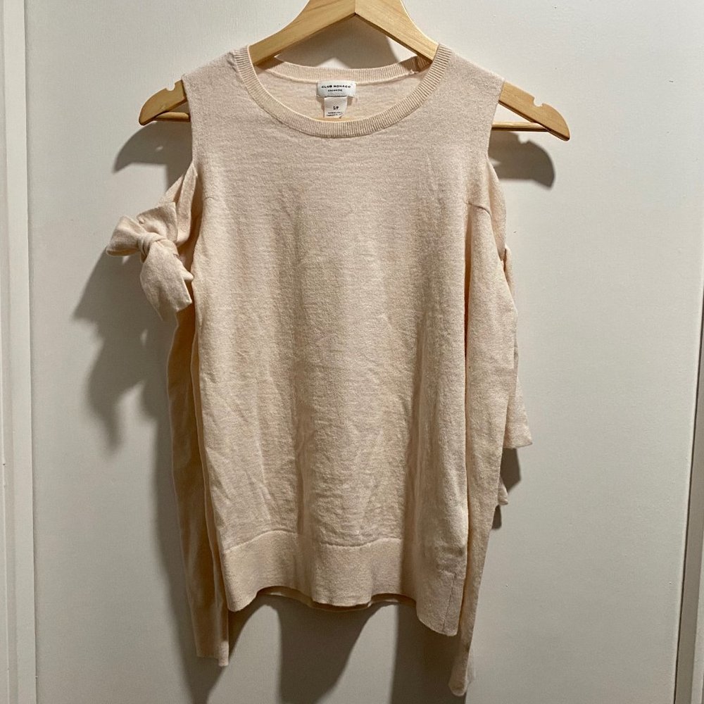(7) Club Monaco Cashmere Pink Office Work Cold Shoulder Bows Crewneck Sweater S